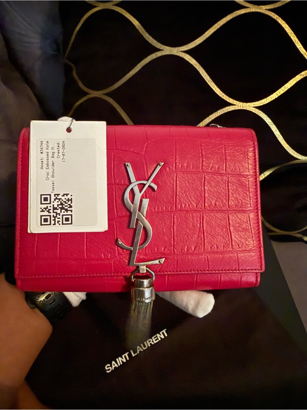 🔥Saint Laurent Fuchsia Croc-Embossed Kate Tassle Bag Small🔥 - Picture 7 of 17
